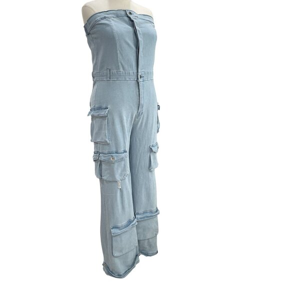 Strapless Denim Cargo Jumpsuit Y2K Edgy Streetwear Utility Baddie Distressed XL - Picture 6 of 12